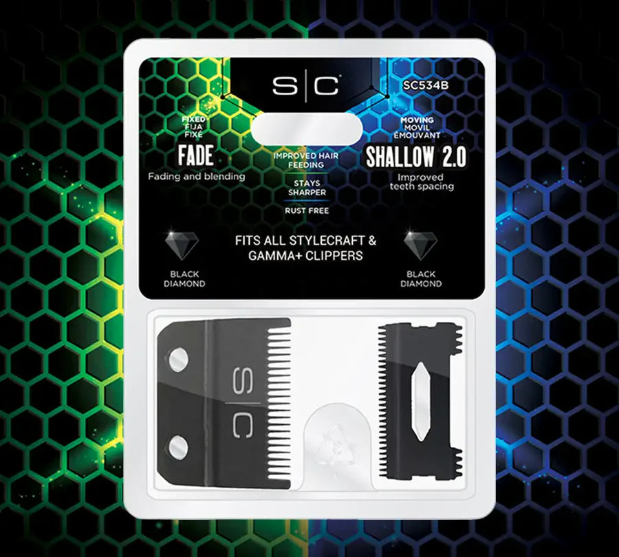 SC StyleCraft Clipper Blade Set Black Diamond Carbon DLC Fade Blade and Shallow Tooth Cutting Blade Set